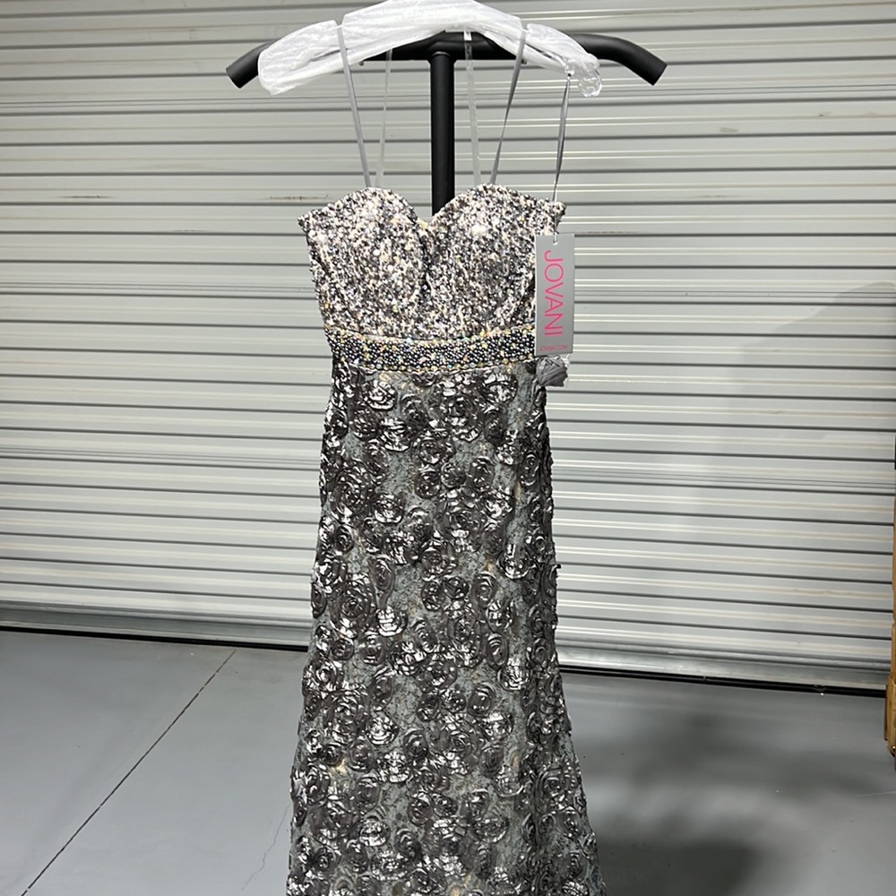 Elegant Jovani style 2184. Color is Dark Grey. Size 2. - Picture 5 of 8